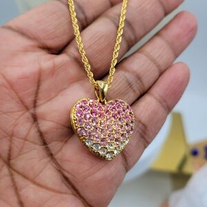 Vintage/Retro Pink Rhinestone Heart Necklace • Shiny Goldtone